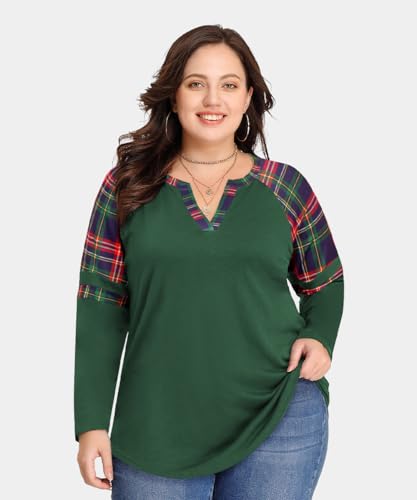 Image of CARCOS Plus Size Tops for Women Long Sleeve Fall Tunic Color Block Camo /Plaid /Leopard /Fall Blouse Crewneck Tshirt XL-5XL