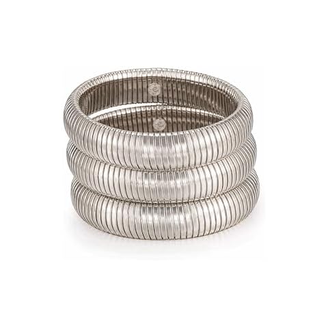 Ettika Silver Bangles For Women. Chunky Bracelets Set. 3 Flex Snake Chain Stretch Rhodium Plated Bangles. Birthday Gifts For Women Cover