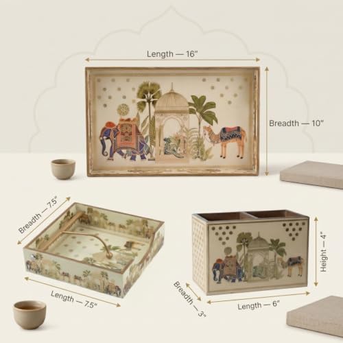 Image of Wooden Serving Tray Combo | Large Serving Tray, Napkin Holder & Cutlery Organizer | Traditional Indian Decor | Waterproof Resin Coated | Dining & Kitchen Use