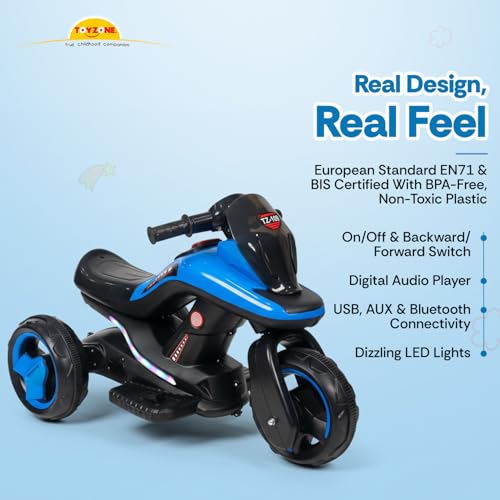 Image of Toyzone Ralph Electric Bike (Blue) | 6V Rechargeable Bike with 4.5 AH Battery | Music Player with Bluetooth, USB & AUX | 6 Months Battery Warranty | Made in India | for Kids 2-8 Years, Upto 35 Kgs