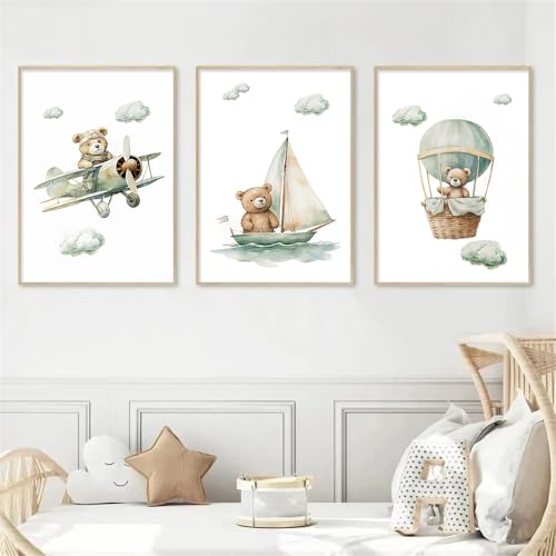 BeiYiHo 3 Bilder Kinderzimmer Bär 30X40CM Poster Bär Baby Grün Bilderwand Kinder Leinwand Babyzimmer Bilder Teddybär Poster Mädchenzimmer Junge Leinwand Mädchen Baby Bären ohne Rahmen