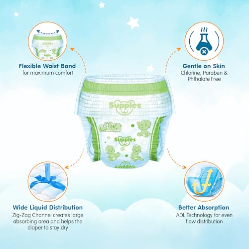 Image of Amazon Brand - Supples Premium Baby Diaper Pants | 72 Baby Diapers | Medium | 7-12 Kg | 12 Hrs Absorption | Cushiony Cotton Soft Fabric | Phthalates-Free | Triple Leak Guard (Pack of 2)