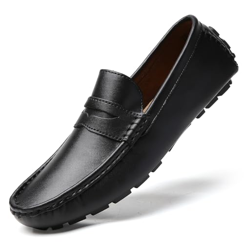 TSIODFO Men Slip On Loafers Cow Leather Comfortable Driving Shoes for Man Fashion Sneakers Black Size 8.5