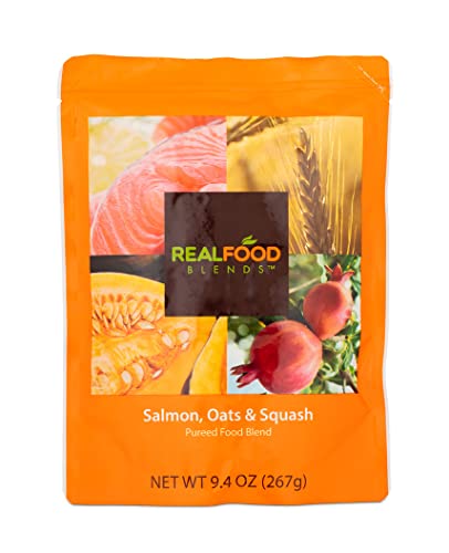 Real Food Blends Salmon, Oats & Squash - Pureed Food Meals for Tube Feeding with Protein, Vegetables & Fruits - 330 Calories for Lunch & Dinner - 9.4 oz (Pack of 12)