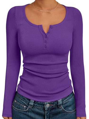 Trendy Queen Long Sleeve Shirts for Women Henley Ribbed Fall Tops Dressy Business Casual Teen Girl Winter Cute Basic Tees Purple M