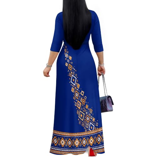 Image of Plus Size Maxi Dress for Women V Neck 3 /4 Sleeve Wrap Dress Blue Tribal S | Blue Tribal Geometric Women's Maxi Dress