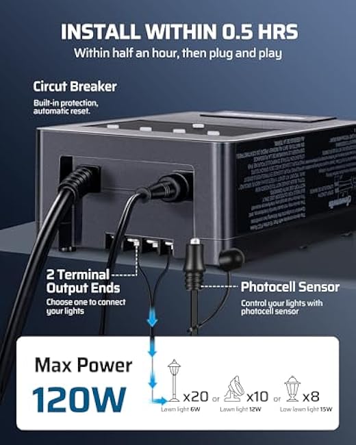 DEWENWILS 120W Low Voltage Transformer with Photocell Sensor & Timer, 120V AC to 12V DC, Weatherproof Landscape Lighting Transformer for Spotlights, Garden Lights, Steplight, Billboard¡