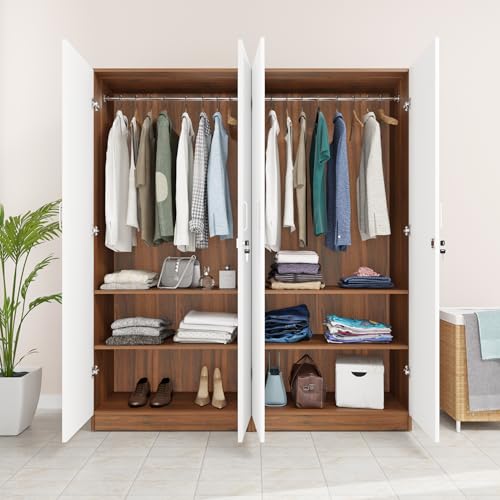 Image of VIKI Wardrobe | Wooden Almirah for 4 Door with Shelves & 2 Hanging Space Mirror Wardrobe (Walnut | White - 40D x 160W x 180.8H) | 1 Year Warranty | Free Assembly