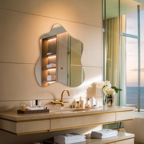 Spiegel 67,6x67 cm Für Badezimmer Wohnzimmer Flur Schlafzimmer Salon Badezimmerspiegel Wellenförmig Asymmetrisch Organisches Design Wandspiegel Rahmenlos Garderobenspiegel Unregelmäßiges Modernes – Bild 4