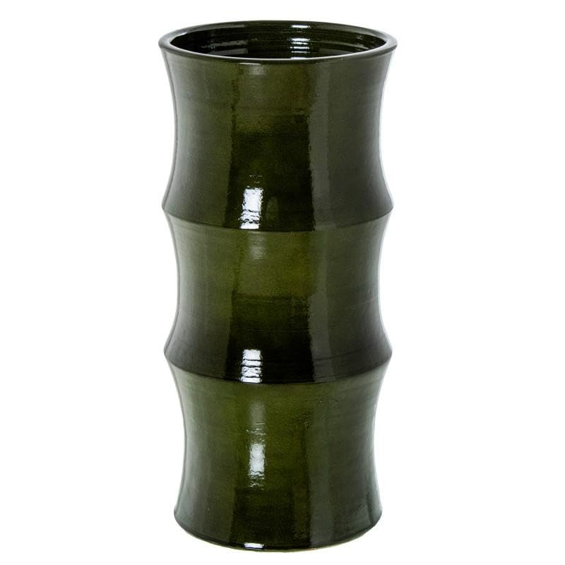 DRW Paraguero Redondo con Forma de Bambu de Ceramica en Verde Brillo 50x25x25 cm