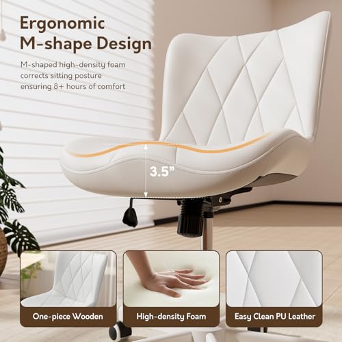 Image of Armless Desk Chair, Morden Home Office Chair no Arms, Adjustable Height & Rocking Computer Chair, PU Leather Vanity Chair, Ergonomic Seat Soft Padded Desk Chairs for Home Small Space, White