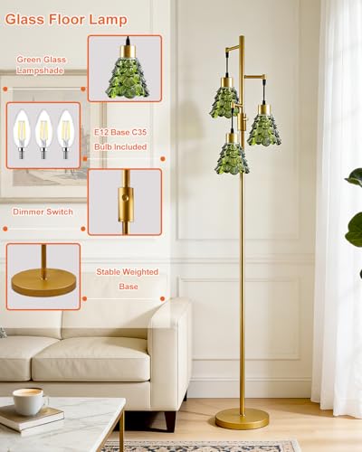 Image of 3-Light Modern Glass Floor Lamp, Gold Standing Tall Lamp with Cylinder Green Glass Shade for Reading, Dimmable LED Floor Lamp with 5Lbs Heavy Base for Living Room Bedroom Home Decor, Bulb Included