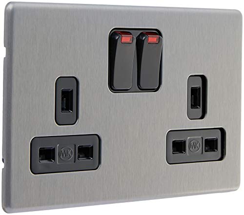 MK Aspect K24647BRCB 13A Double Switched Socket with Neon/Double Pole/Dual Earth - Brushed Chrome, Black