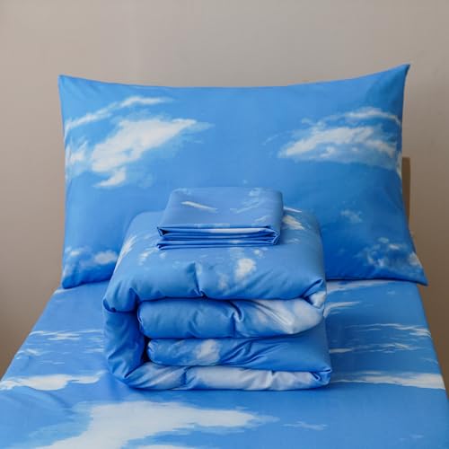 Image of Wellboo Sky Clouds Toddler Bedding Sets for Girls Boys White and Blue Sky 4 Pieces Soft Crib Bed Set Including Comforter, Sheets and Pillowcase Kids White Clouds Quilt Cartoon Casual Abstract Bed