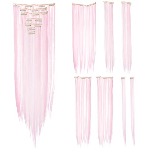 SWACC 7 Pcs Full Head Party Highlights Clip on in Hair Extensions Colored Hair Streak Synthetic Hairpieces (22-Inch Straight, Pink)