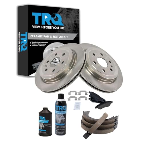 Image of TRQ Rear Brake Pad & Rotor Kit, with Chemical Kit Parking Brake Shoe Set Ceramic Compatible with 2010-2016 Cadillac SRX