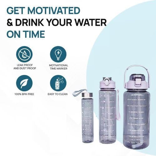 Image of inulec 3-in-1 Transparent Water Bottle Set (2000ML, 900ML, 300ML) with Motivational Time Markers, Leakproof & Gym Bottles, Fitness, Travel (3 Pics Transparent Water Bottle) (PURPLE)