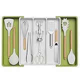 Lifewit Utensil Drawer Organiser, Extendable Cutlery Tray for Kitchen, Adjustable Silverware Flatware Holder, Plastic Kitchen Spatula Tools and Gadgets Storage Divider, Large, Green&White
