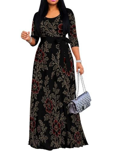 Image of PinkPatty Women's Plus Size Maxi Dresses Casual Flowy 3 /4 Sleeves Dress Printed Vacation Dress for Daily Wear with Belt