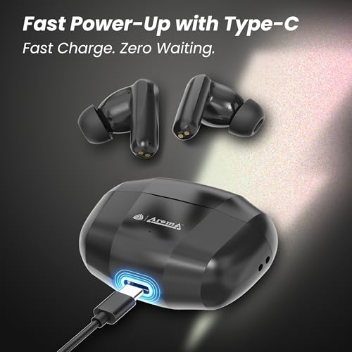 Image of AROMA TWS4 Jaguar V5.4 True Wireless Earbuds, Midnight Black & Grey | up to 60H Playtime, ENC, Fast Charging, Heavy Bass, Bluetooth