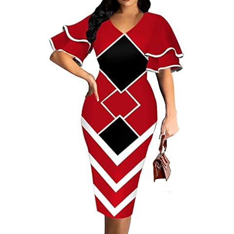 Cvilse Elegant Pencil African Dresses for Women Sexy V-Neck Short Ruffles Sleeve Knee-Length Dresses Wear to Work B Burgundy Cover