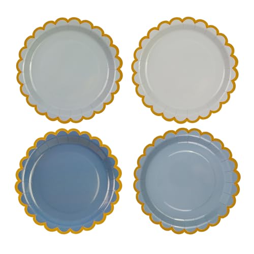 DHAIQC 48PCS Blau Pappteller 18cm, Farbverlauf Blau Partyteller mit Gewellter Goldrand Einwegteller Dessertteller Kuchenteller für Geburtstag Hochzeiten Jubiläums