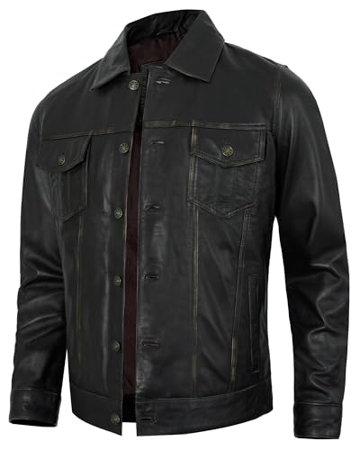 Image of Mens Leather Jackets - Real Lambskin Trucker Style Vintage Leather Jacket Men