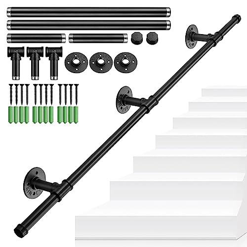 Pasamanos de escalera, pasamanos de tubo galvanizado negro para montaje en pared, barandilla de tubo industrial para ropa, barra de agarre antideslizante de metal para escaleras interiores y