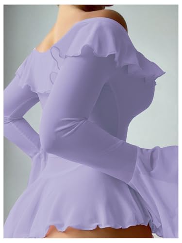 Image of OYOANGLE Women's 2 Piece Off Shoulder Long Sleeve Ruffle Mesh Sheer Nightgowns with Thongs Babydoll Lingerie Set