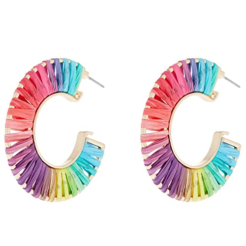 Image of Young & Forever Boho Rainbow Raffia Earring Pack - Handmade Woven Straw Geometric C-Hoop, Heart & Statement Drop Earrings for Women, Summer Beach Vacation Jewelry