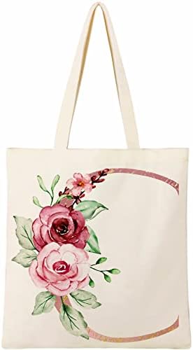 BeeGreen Initial Canvas Tote Bag Floral Personalized Tote Bag for Women w 2 Pockets Monogram Gift Bag for Bridesmaid Wedding Bachelorette Party Reusable Grocery Shopping Bag Letter C