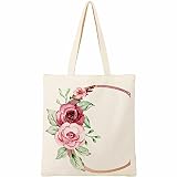 BeeGreen Initial Canvas Tote Bag Floral Personalized Tote Bag for Women w 2 Pockets Monogram Gift Ba