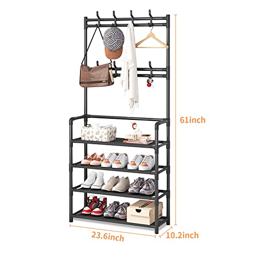 4-Tier Entryway Coat Rack Hallway Bench Storage Organizer, Coat And Shoe Rack Entryway Hall Tree, 3-In-1 Designed Of Metal Storage Rack With Bag，Coat，Hat，Entryway Bench With Coat Rack，Bedroom，(Black) #TOP4