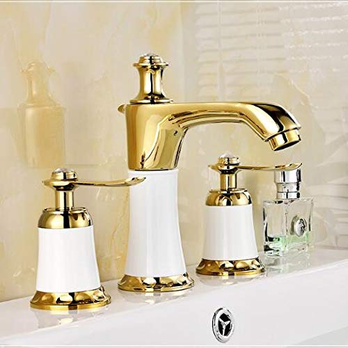 Robinet de lavabo laiton blanc et or MESKEL mitigeur luxe 3 trous chic