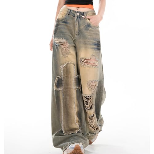 Harajuku High Waisted Straight Leg Jeans Y2K Gothic Vintage Patchwork Fringe Ripped Baggy Denim Pants3