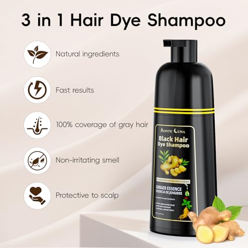 Image of IIIMEIDU Black Hair Dye Shampoo 3 in 1, Natural Hair Dye Semi Permanent Hair Color, Gray Hair Cover Up, Ginger Essence shampoo for Color Treated Hair for Women and Men (500ml) 1