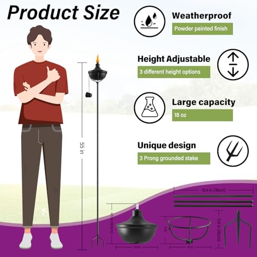 Home Garden Torch Set of 6, Outdoor Metal Torch Garden Décor,55-Inch Upgraded Citronella Torches with 3-Prong Grounded Stake, Metal Light Torches for Party Patio Pathway (More Stable)