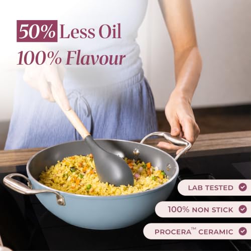 Image of Asai Ceramic Non Stick Kadai 24cm (2.5L) with Glass Lid & Silicone Spatula | Blue | Swiss Ceramic Coating | Gas & Induction Compatible | Stay-Cool Handles | Lab-Tested | 100% Toxin Free