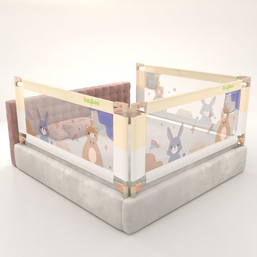 Image of BAYBEE Bed Rail Guard for Baby Safety | Bed Side Protector for Baby with 28 Level Height Adjustable & Portable Bed Railing for Babies Safety Guard for Kids (6.5FtX6FtX6.5Ft, 3 Sides, White /Beige)