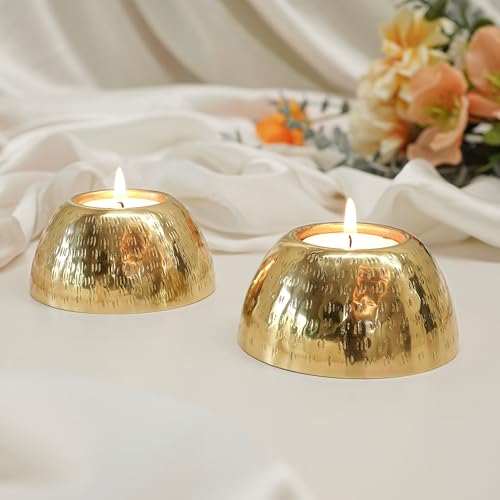 Image of BEHOMA Pebble Bowl Metal Tealight Candle Holders Set | Gold Hammered Decorative Tealight Holder for Home Decor | Luxury Table Accent Romantic Ambient Lighting | Candle Set (8.5 cm, Pack of 2)