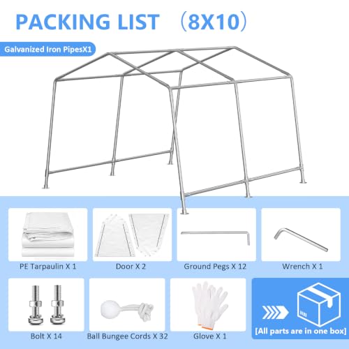 Image of Jocoevol 8x10 FT Enclosed Carport with Roll-up Windows, Removable Sidewalls & Doors and Wind Ropes for Bike Motorcycle, White