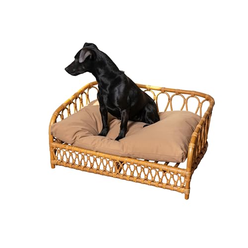 The LICKER Store DBD1005A Elevated 27.5' x 17' Bohemian Handwoven Rattan Dog Daybed with Machine-Washable Cushion, Natural
