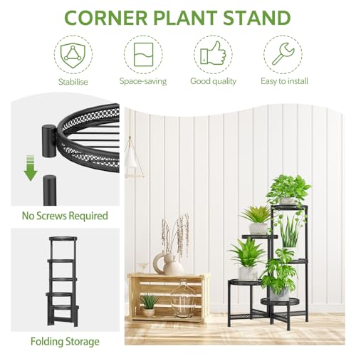Image of iDavosic.ly 5 Tier Large Plant Stand Indoor with 10-Inch Wide Drainage Tray, Tiered Corner Metal Outdoor Flower Display Holder Shelf, Folding Tall Rack for Patio Porch Balcony, Black Iron Carving