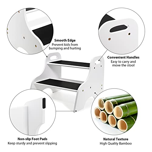 Ollieroo Bamboo 2 Step Stool, Heavy Duty Kids Step Stool With Non-Slip Stepping Surface, Stepping Stool For Kids Adults, Toddler Step Stool For Bathroom Sink Kitchen Counter Bedside(White) #TOP1