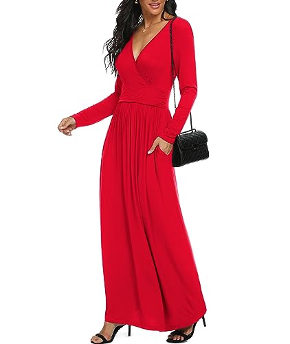 Image of LILBETTER Women Long Sleeve Deep V Neck Loose Plain Long Maxi Casual Dress