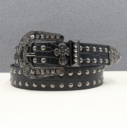 Western Studded Belts for Women Men, Rhinestones Cross Rivet Crocodile Pattern Strap with Engraved Floral Buckle2