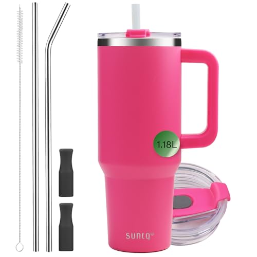SUNTQ 1180ml/40oz Tumbler mit Griff, Doppelwandige Vakuum Isolierte Wasserflasche mit Stroh und Deckel, Edelstahl Reise ...