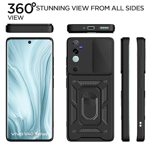 Image of Pikkme D10 Tough Armor Bumper Case | 360 Protection Case | Sliding Camera Shield Cover & Ring Holder Stand Back Cover for Vivo V40 5G / V40 Pro 5G / T3 Ultra 5G (Black)