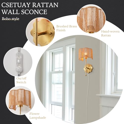 Image of Boho Rattan Wall Sconces, Plug in Cord Hand Woven Wicker Wall Light Brushed Brass Finish Flower Shade Set of 2 for Bedside,Living Room, Hallway, Fireplace