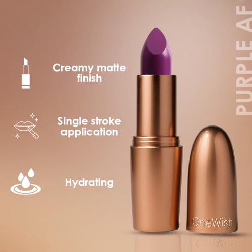 Image of One Wish Creamy Matte Lipstick Long Lasting for Women - Purple AF Shade 22 | Full Coverage | Creamy Formula | No Flaky Lips | No Dryness | High-Pigment | SPF | Vitamin E, Almond Oil & Shea Butter for Moisturising Lip | 8 Hrs Lasting | Smooth Finish | 3.8 gm